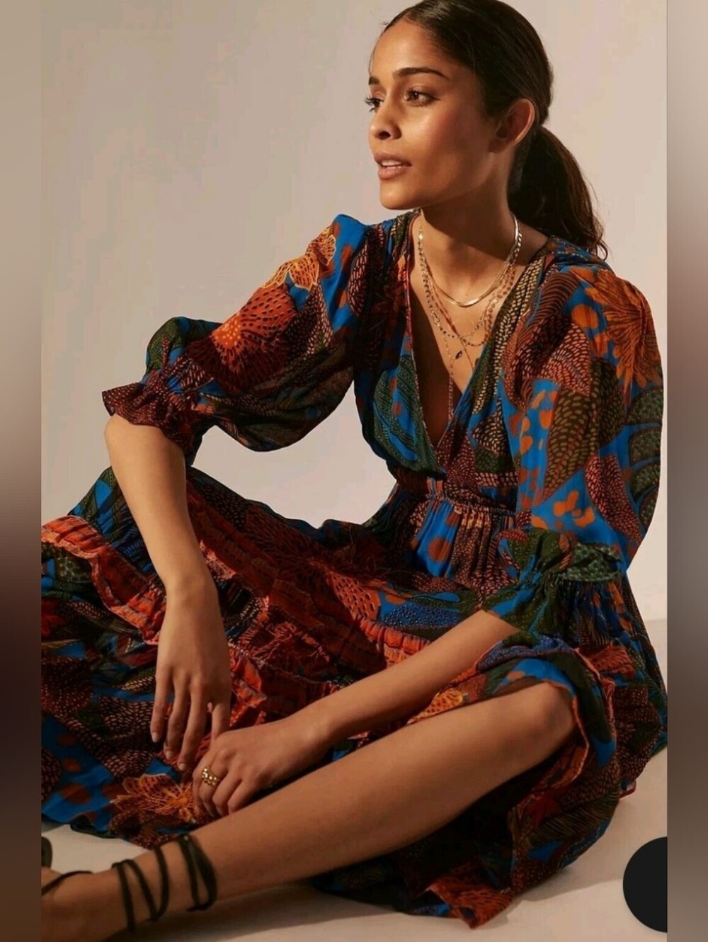 FARM Rio Puff Sleeve Anthropologie Blue Rust Floral Maxi Dress Tropical Medium - Picture 3 of 9